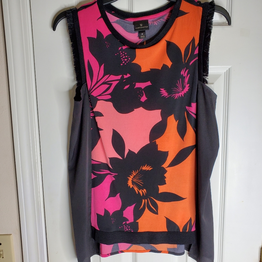 Chic Orange and Pink Floral Design Sleeveless Top By Worthington